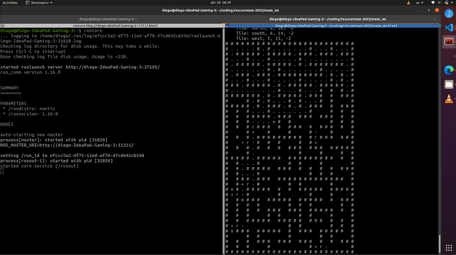 Simulation of the algorithm using a maze made of text characters